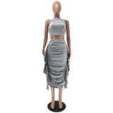 Women Solid Ruffle Crop Tank Top and Skirt Two-Piece Set