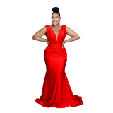 Women Solid V-Neck Sleeveless Pleated Maxi Dress