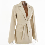 WomenCasual Solid Long Sleeve Lace-Up Belted Blazer