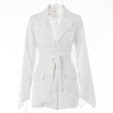 WomenCasual Solid Long Sleeve Lace-Up Belted Blazer
