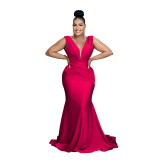 Women Solid V-Neck Sleeveless Pleated Maxi Dress