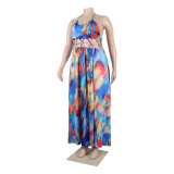 Women Print Cutout Halter Neck Lace-Up Slit Dress