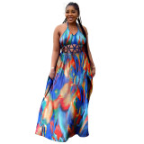 Women Print Cutout Halter Neck Lace-Up Slit Dress