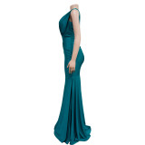 Women Solid V-Neck Sleeveless Pleated Maxi Dress