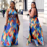 Women Print Cutout Halter Neck Lace-Up Slit Dress