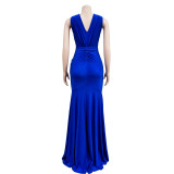 Women Solid V-Neck Sleeveless Pleated Maxi Dress