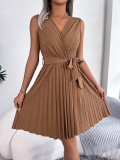 Spring/Summer Chic Crossover V-Neck Sleeveless Slim Waist Pleated Dress