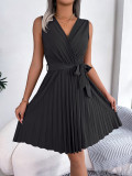 Spring/Summer Chic Crossover V-Neck Sleeveless Slim Waist Pleated Dress