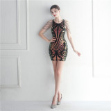 floral sequin beading short mini dress