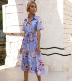 Women's Summer Slim Waist Single Breasted Printed Short Sleeve Dress