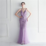 Mesh beaded sequin dress event exhibition long evening dress