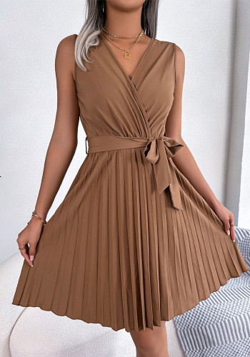 Spring/Summer Chic Crossover V-Neck Sleeveless Slim Waist Pleated Dress