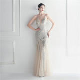 Mesh beaded sequin dress event exhibition long evening dress