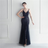 Mesh beaded sequin dress event exhibition long evening dress