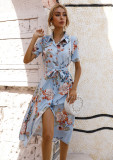 Women's Summer Slim Waist Single Breasted Printed Short Sleeve Dress