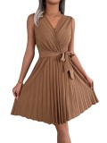 Spring/Summer Chic Crossover V-Neck Sleeveless Slim Waist Pleated Dress