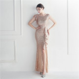 Ruffle Beading Gala Dinner Show Long Sequined Dress