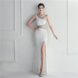 Beaded Mesh See-Through Bridesmaids Dinner Formal Long Evening Gown