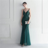 Mesh beaded sequin dress event exhibition long evening dress