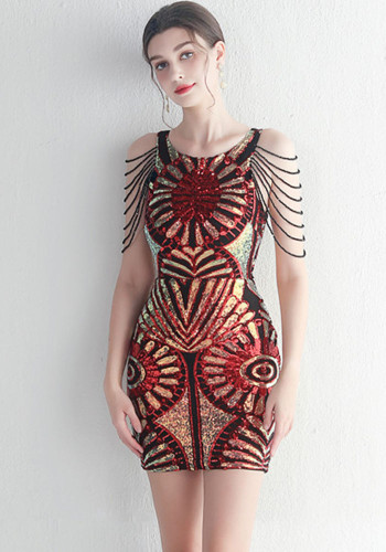 floral sequin beading short mini dress