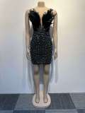 Sexy Feather Beaded Pearl Tight Fitting Bodycon Dress