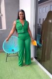 Solid turndown Collar Vest Casual High Waist Straight Leg Trousers Two-Piece Set