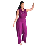 Solid turndown Collar Vest Casual High Waist Straight Leg Trousers Two-Piece Set