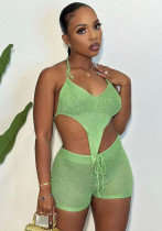 Fashion sexy sleeveless knitting two piece shorts set