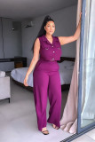 Solid turndown Collar Vest Casual High Waist Straight Leg Trousers Two-Piece Set