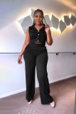 Solid turndown Collar Vest Casual High Waist Straight Leg Trousers Two-Piece Set