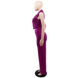 Solid turndown Collar Vest Casual High Waist Straight Leg Trousers Two-Piece Set