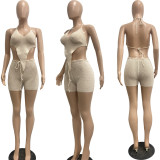 Fashion sexy sleeveless knitting two piece shorts set