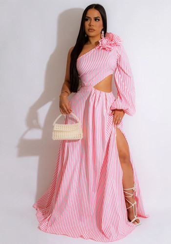 Summer Ladies Sexy One Shoulder Sleeve Striped Slit Dress