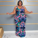 Plus Size Women's Summer Casual Sleeveless Digital Print Long Dress