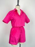 Ladies Short Sleeve Shirt Set Elastic Pocket Shorts Two-Piece Set