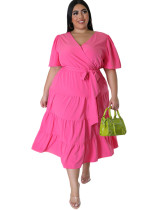 Plus Size Women Short Sleeve V Neck Solid Belt Loose Maxi Dress Plus Size Women Short Sleeve V Neck Solid Belt Loose Maxi Dress
