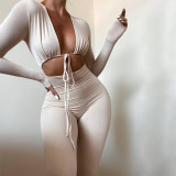 Women Solid Sexy Lace-up Hollow Long Sleeve Jumpsuit