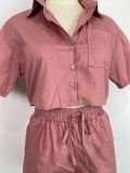 Ladies Short Sleeve Shirt Set Elastic Pocket Shorts Two-Piece Set