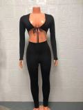 Women Solid Sexy Lace-up Hollow Long Sleeve Jumpsuit