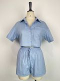 Ladies Short Sleeve Shirt Set Elastic Pocket Shorts Two-Piece Set
