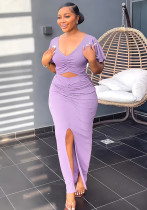 Women Ruffle Sleeve Crop V-Neck Top and Slit Bodycon Skirt Two-Piece Set