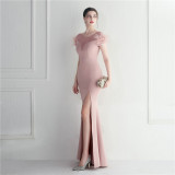 Mesh Beaded + Embellished Feather Star Red Carpet Long Evening Gown