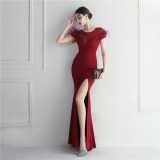 Mesh Beaded + Embellished Feather Star Red Carpet Long Evening Gown