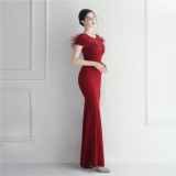 Mesh Beaded + Embellished Feather Star Red Carpet Long Evening Gown