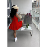 Women's sexy solid color v-neck sleeveless pleated tennis skirt suit