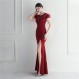 Mesh Beaded + Embellished Feather Star Red Carpet Long Evening Gown