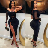 Sexy Solid Color Bodycon Mesh Off Shoulder Slit Hollow See-Through Pin Decoration Dress