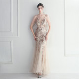 Sequins + Mesh + Beads Bridal Wedding Dinner Long Evening Dress