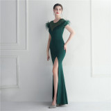 Mesh Beaded + Embellished Feather Star Red Carpet Long Evening Gown