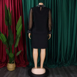 Plus Size African Women Mesh Sleeve Beaded Dress